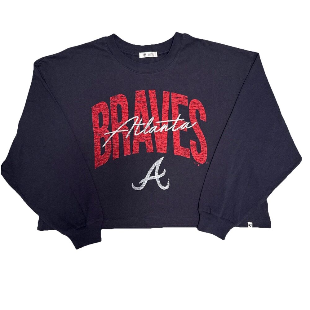 Atlanta Braves Women's XL Navy Crop Top Long Sleeve ‘47 Brand T-Shirt MLB NWT